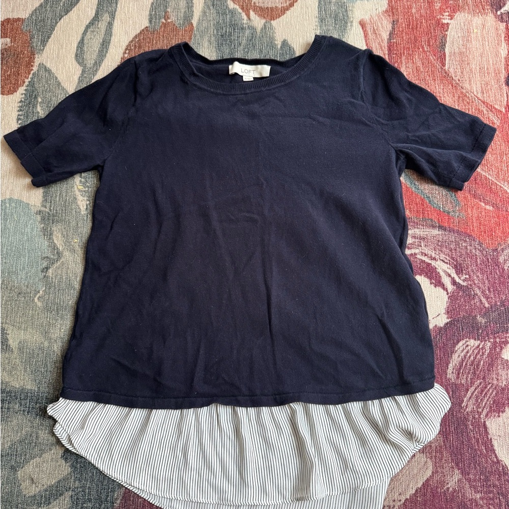 LOFT Navy Blue Kids Tee with Striped Hem